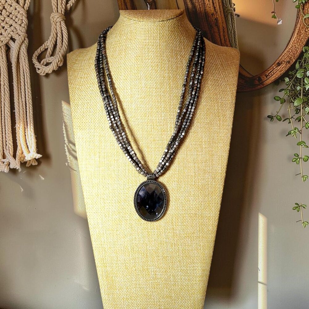 Cookie Lee Gunmetal Multi Strand Beaded Mirror Glass Pendant Necklace 19"